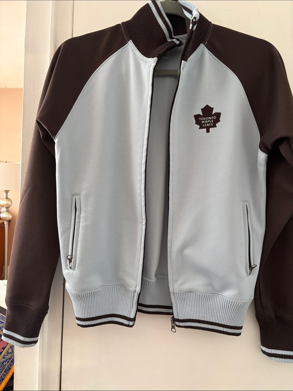 Vintage Two-Tone Light Gray and Dark Brown Bomber Jacket